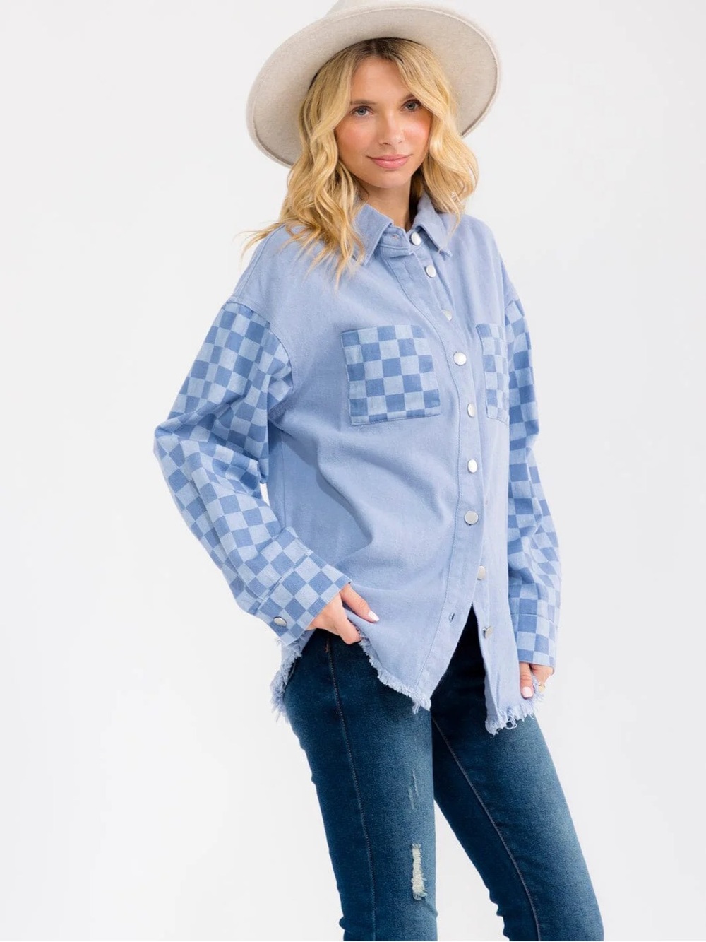 New Vici Long Sleeve Button Closure Front Pockets Denim Shacket Top Size M - Picture 3 of 11